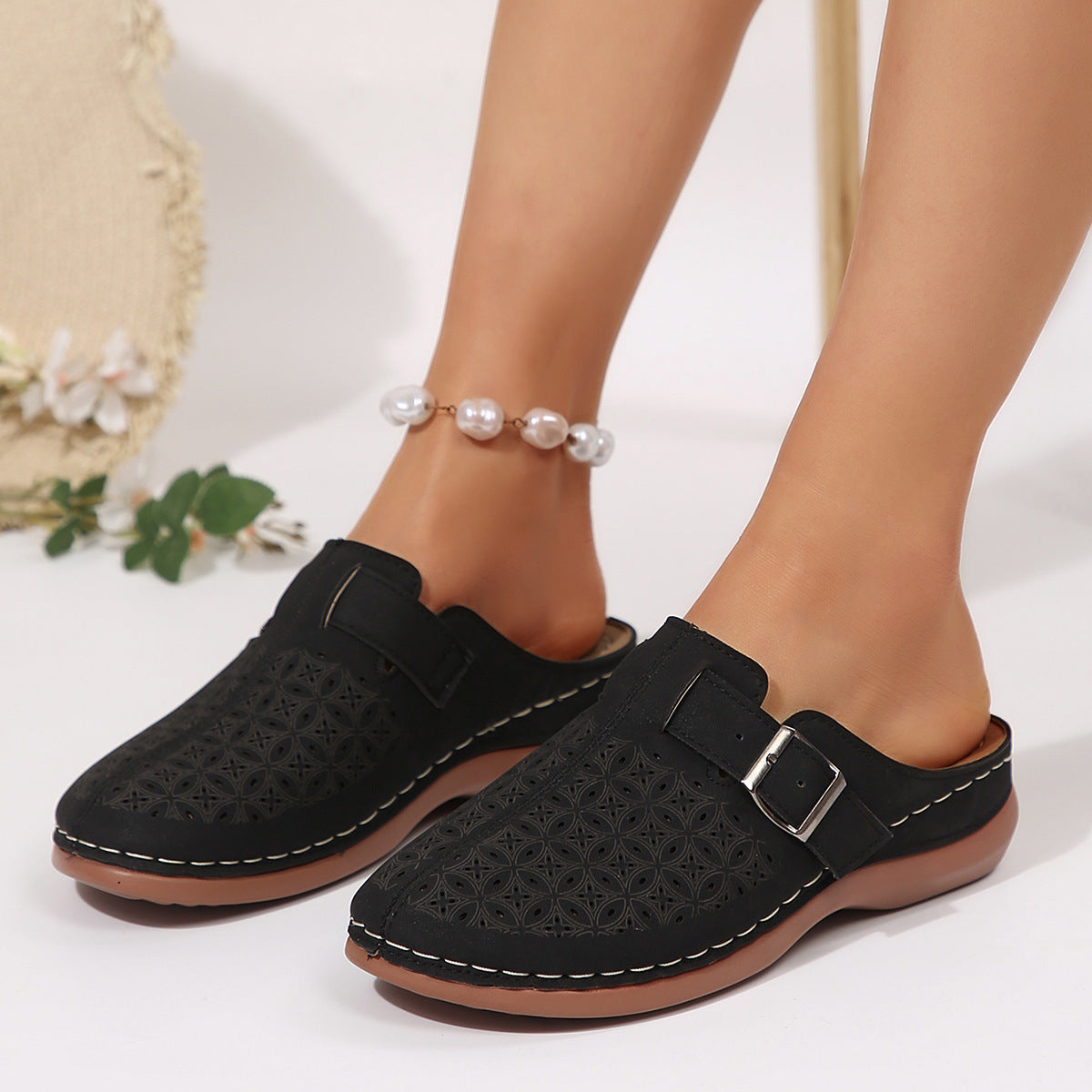 Women's Perforated Slip-On Mules with Buckle Strap