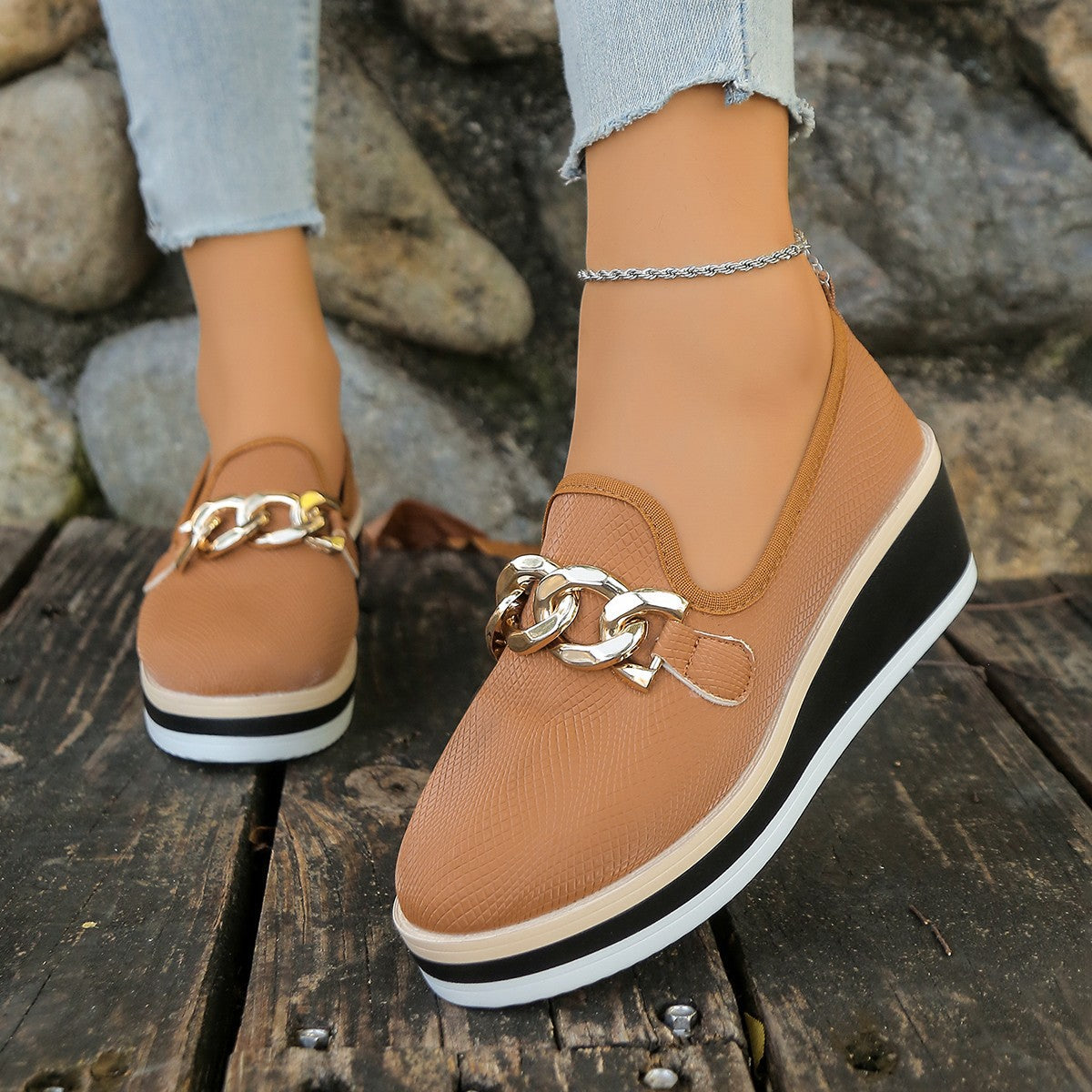 Women's Platform Loafers with Chain Detail Slip-On
