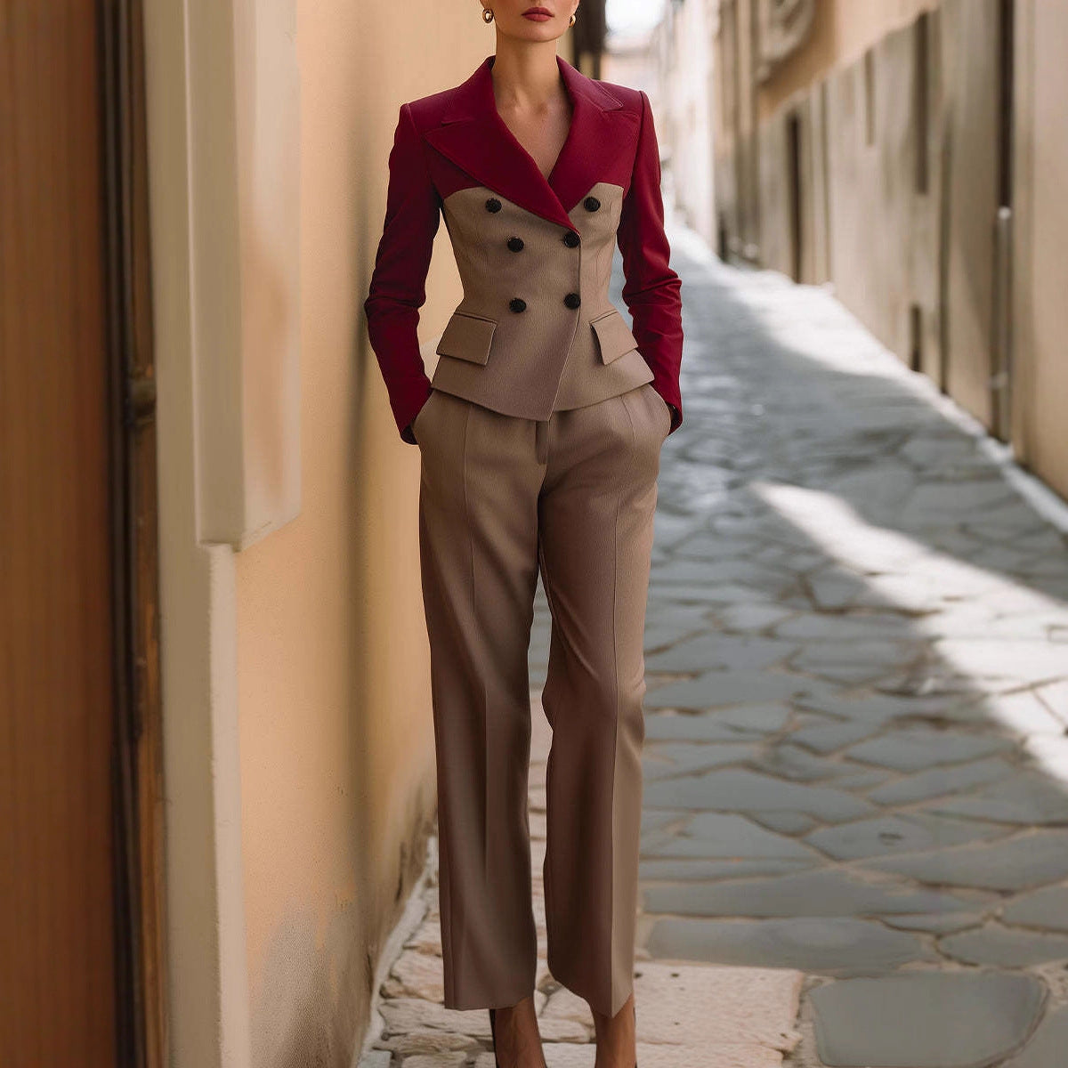 Women's Colorblock Double-Breasted Blazer with Peplum