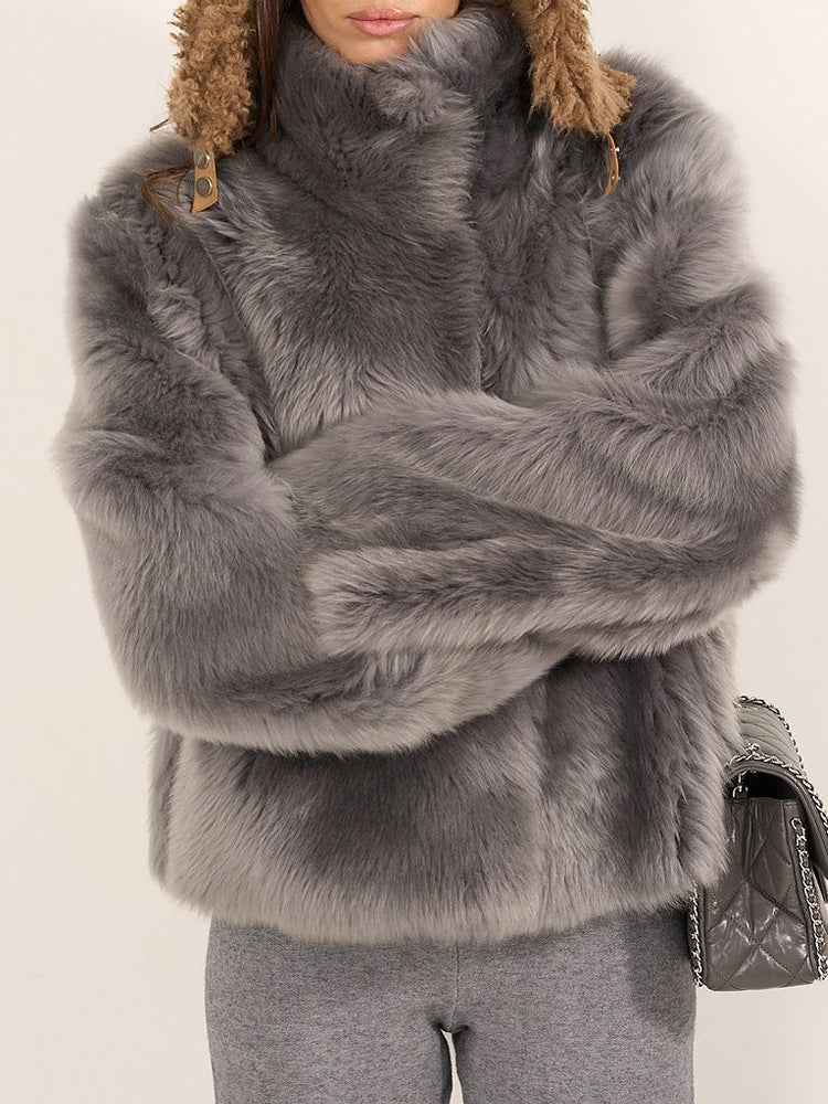 Women's Faux Fur Jacket with Stand Collar for Winter