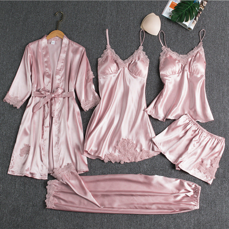 Women's 5-Piece Satin Sleepwear Set with Lace Trim