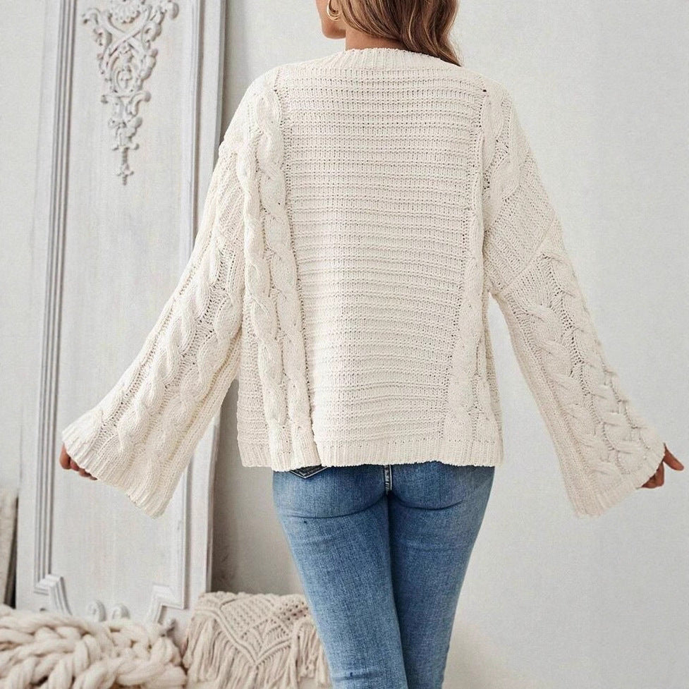 Women's Cable Knit Crew Neck Sweater with Long Sleeves