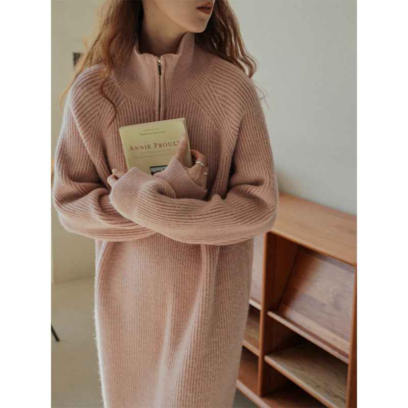 Women's Ribbed Knit Maxi Dress with Half-Zip Collar