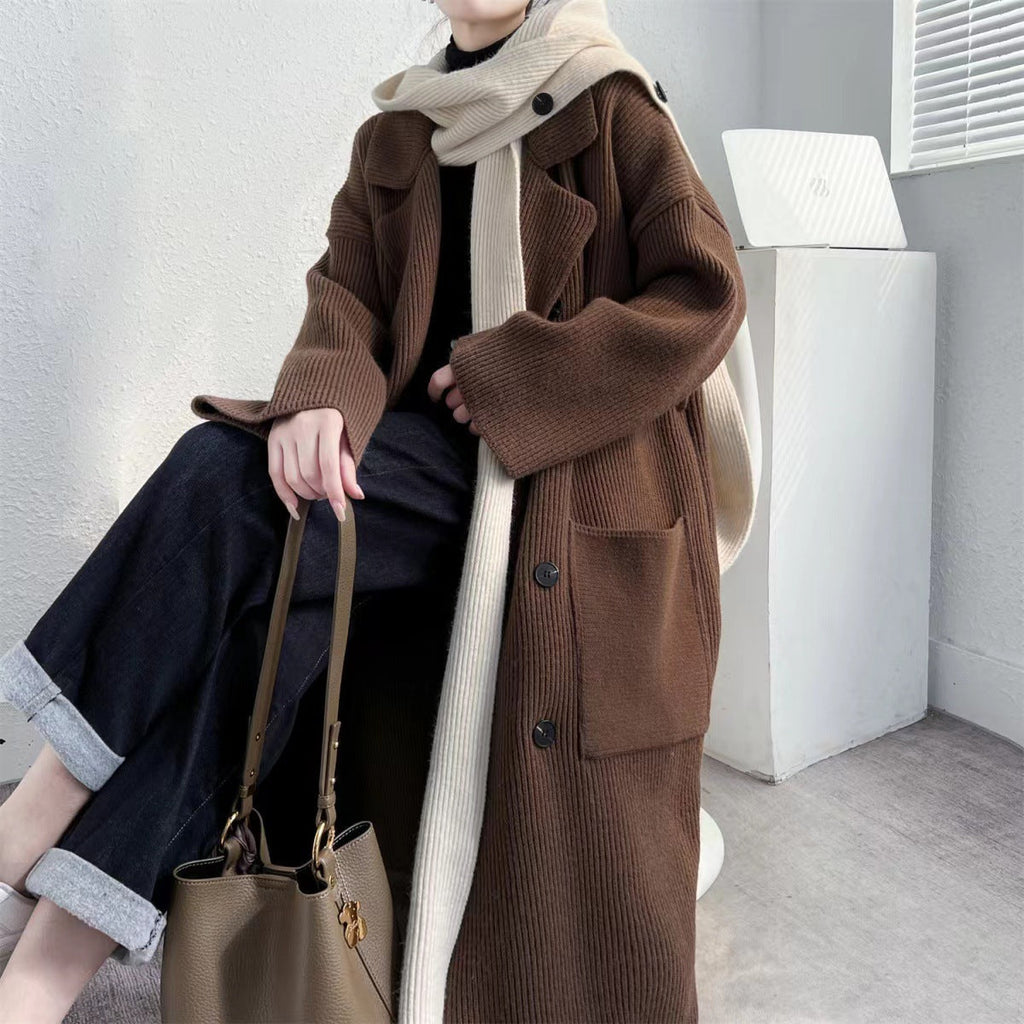 Women's Ribbed Long Coat with Button Front and Patch Pockets