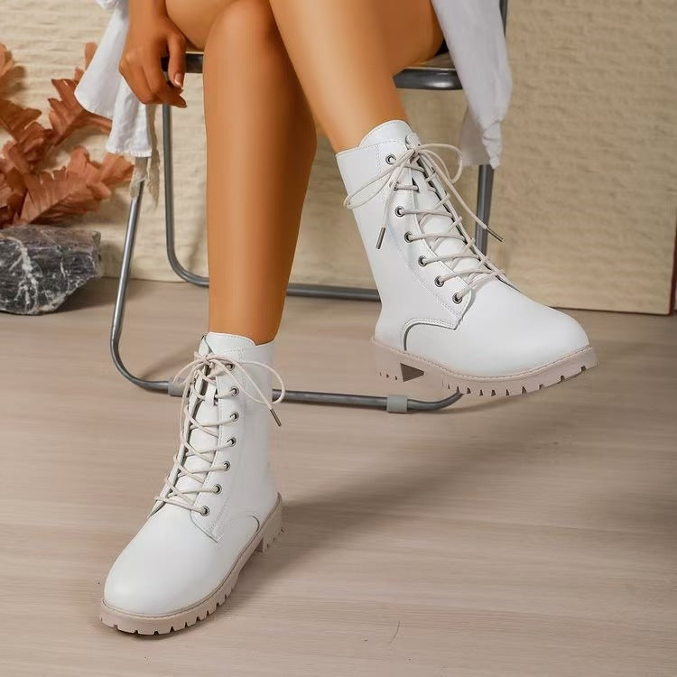 Women's Lace-Up Combat Boots with Side Zip and Lug Sole