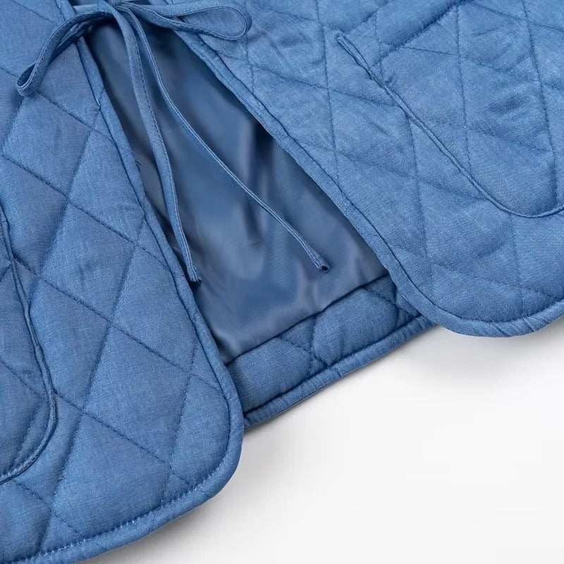 Women's Quilted Jacket with Ruffle Collar and Tie Front