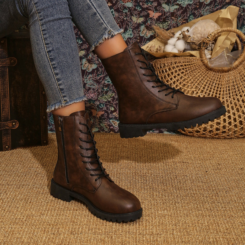 Women's Lace-Up Combat Boots with Side Zip and Lug Sole