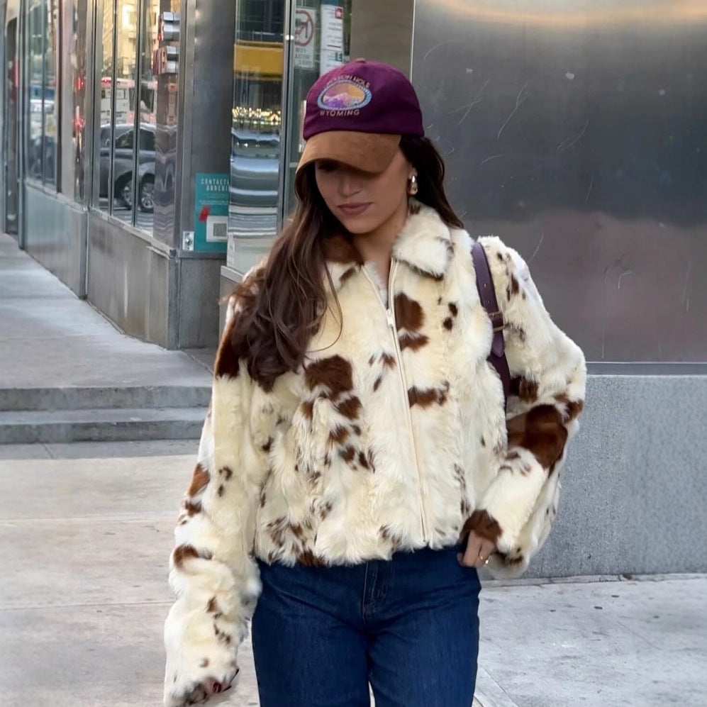 Women's Faux Fur Bomber Jacket with Spotted Pattern