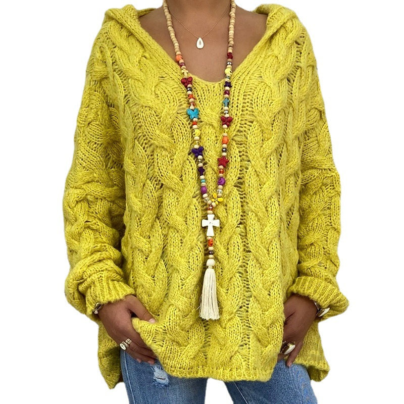 Women's Cable Knit Oversized Hooded Sweater V-Neck