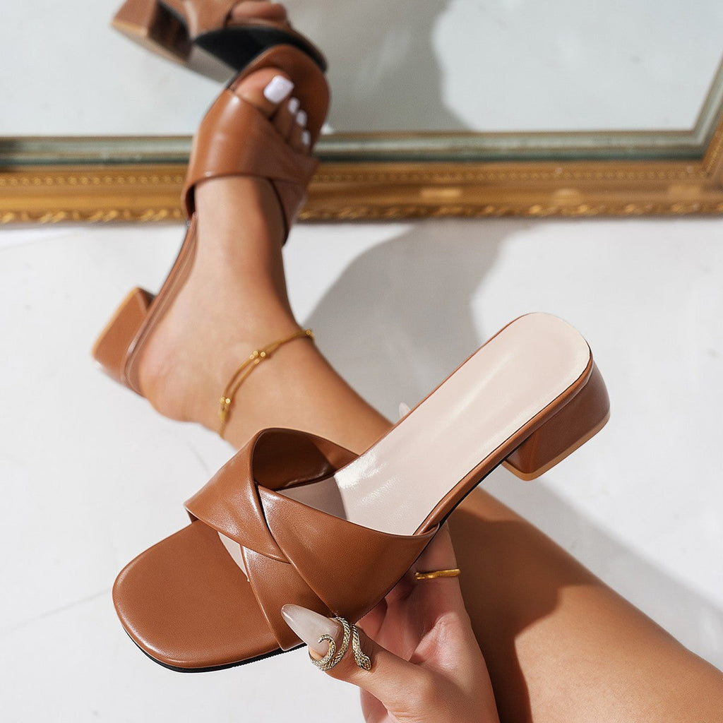 Women's Crossover Strap Block Heel Mules Open Toe