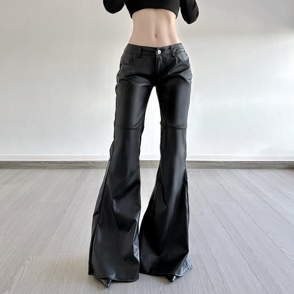 Women's Faux Leather Flare Pants Mid-Rise Button Closure