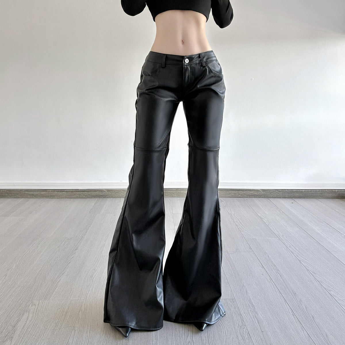 Women's Faux Leather Flare Pants Mid-Rise Button Closure
