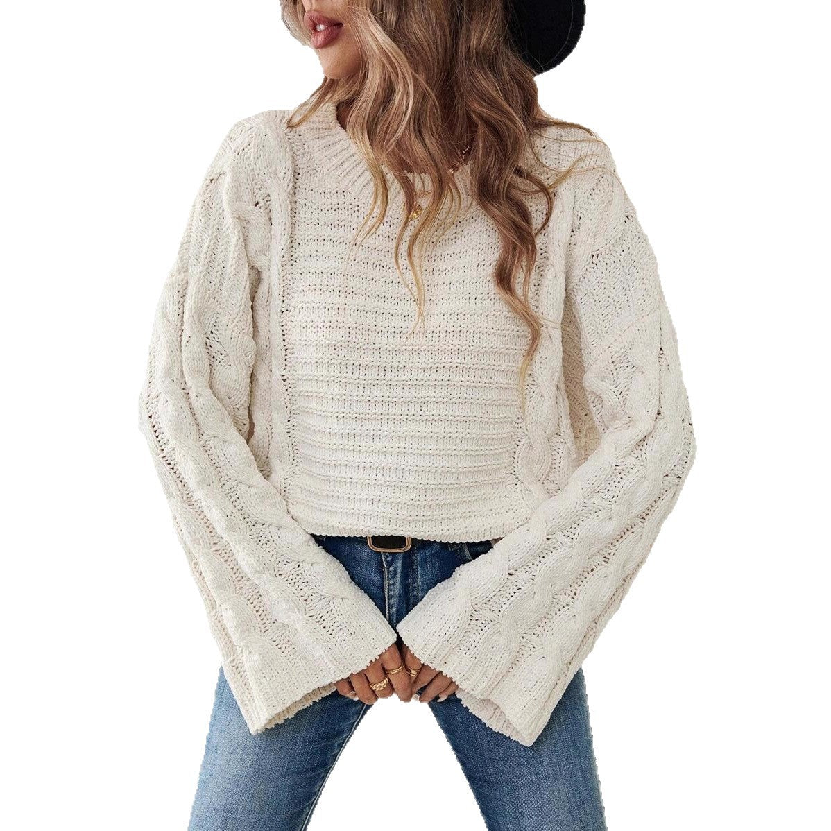 Women's Cable Knit Crew Neck Sweater with Long Sleeves