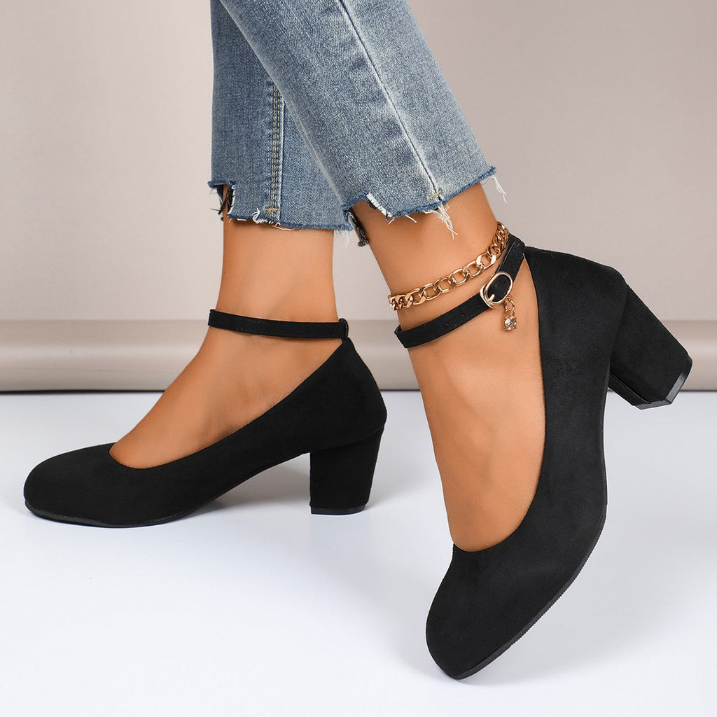 Women's Block Heel Pumps with Ankle Strap and Round Toe