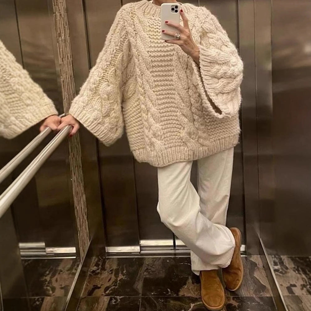 Women's Cable Knit Oversized Crew Neck Pullover