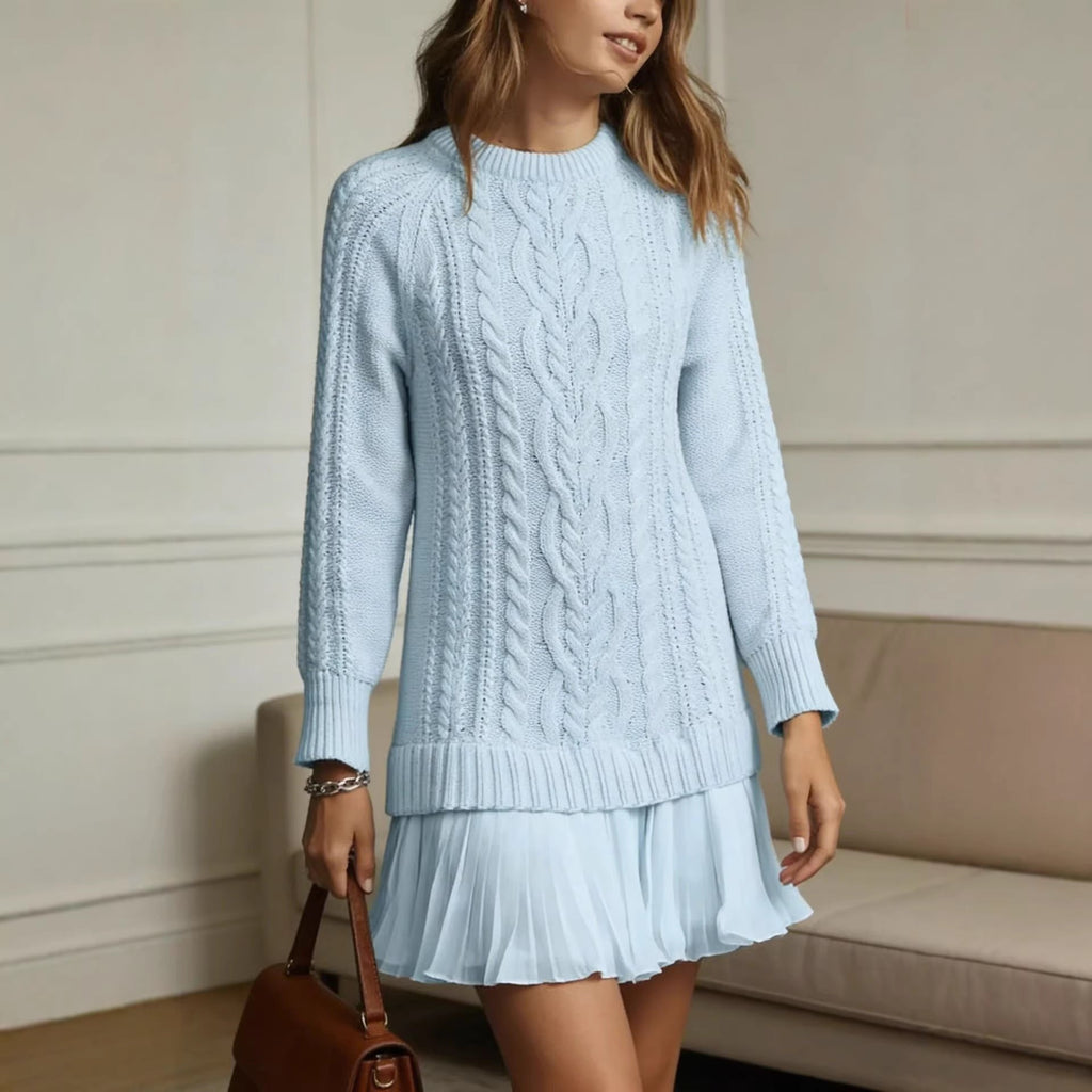 Women's Cable-Knit Sweater Dress Crew Neck Tunic Style