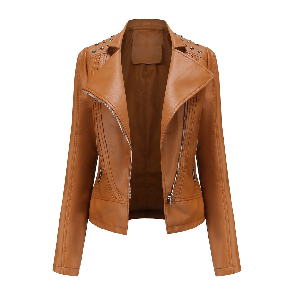 Women's Asymmetric Zip Moto Jacket with Stud Shoulder Detail