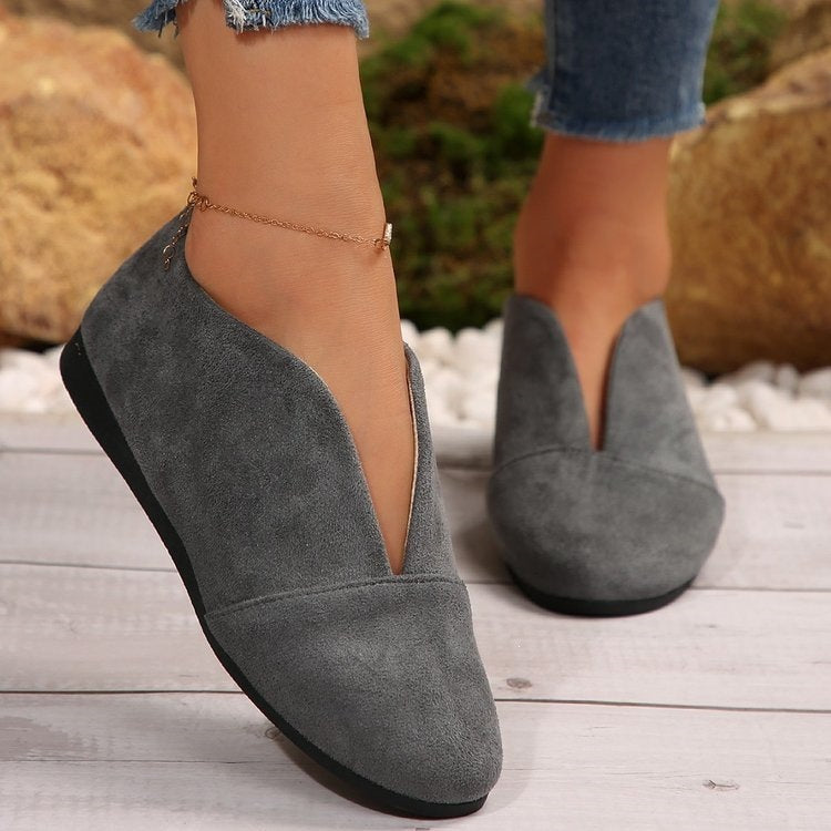 Women's V-Cut Slip-On Flat Shoes with Rounded Toe