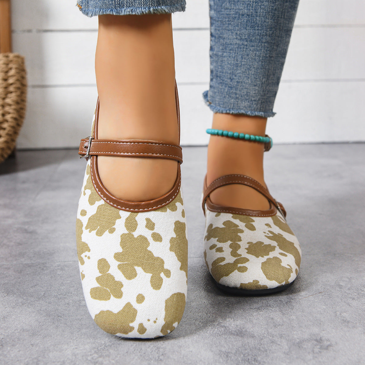 Women's Animal Print Mary Jane Flats with Adjustable Strap