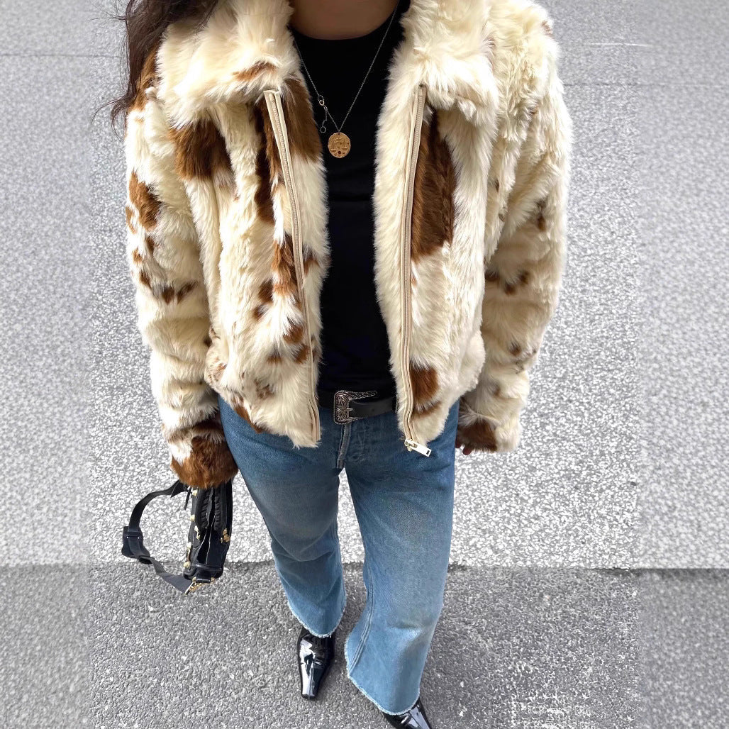 Women's Faux Fur Jacket Cropped Zip Front Animal Print