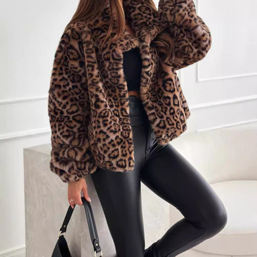 Women's Leopard Print Faux Fur Jacket with Collar