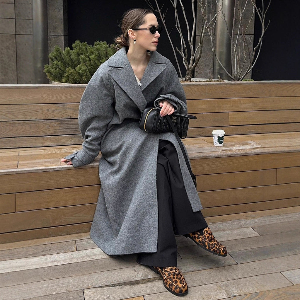 Women's Belted Wrap Coat Wide Lapel Long for Winter