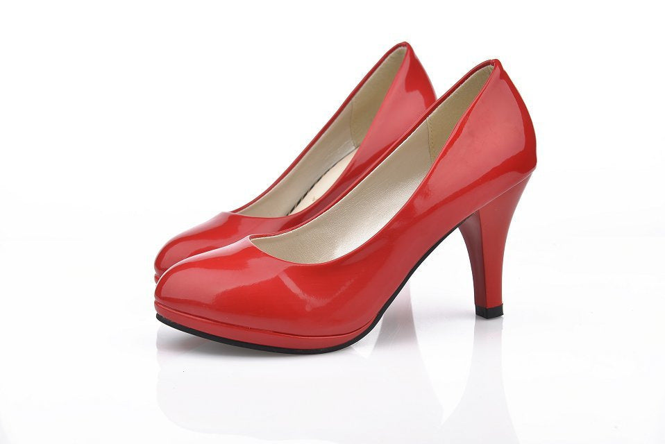 Women's Round-Toe Block Heel Pumps with Glossy Finish