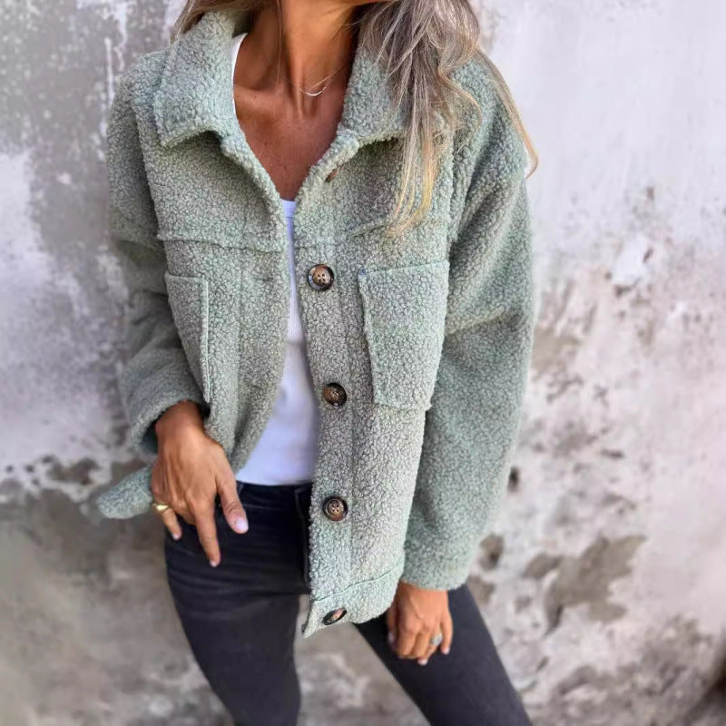 Women's Button-Front Teddy Jacket with Collared Neckline