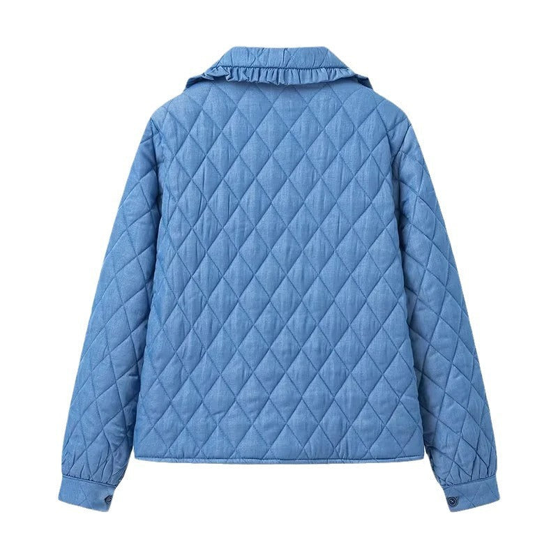 Women's Quilted Jacket with Ruffle Collar and Tie Front