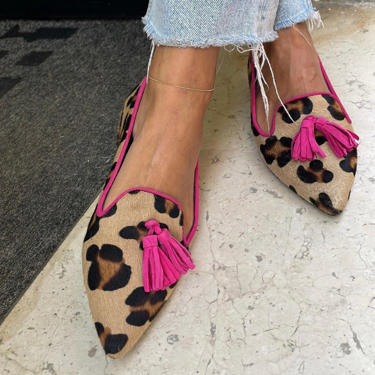 Women's Leopard Print Pointed Flats with Tassel Detail