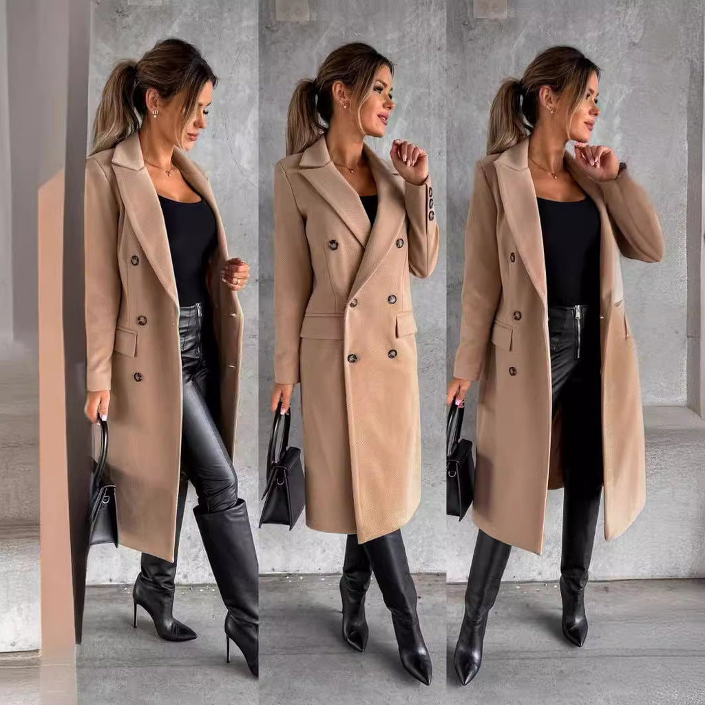Women's Double-Breasted Long Coat with Notched Lapel