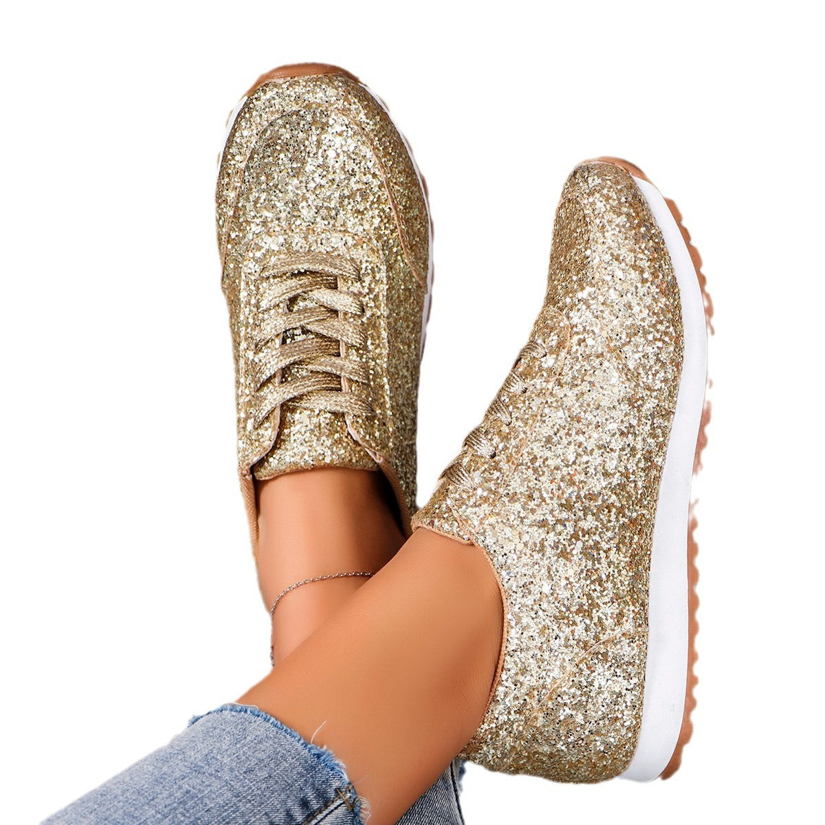 Women's Glitter Lace-Up Sneakers with White Sole