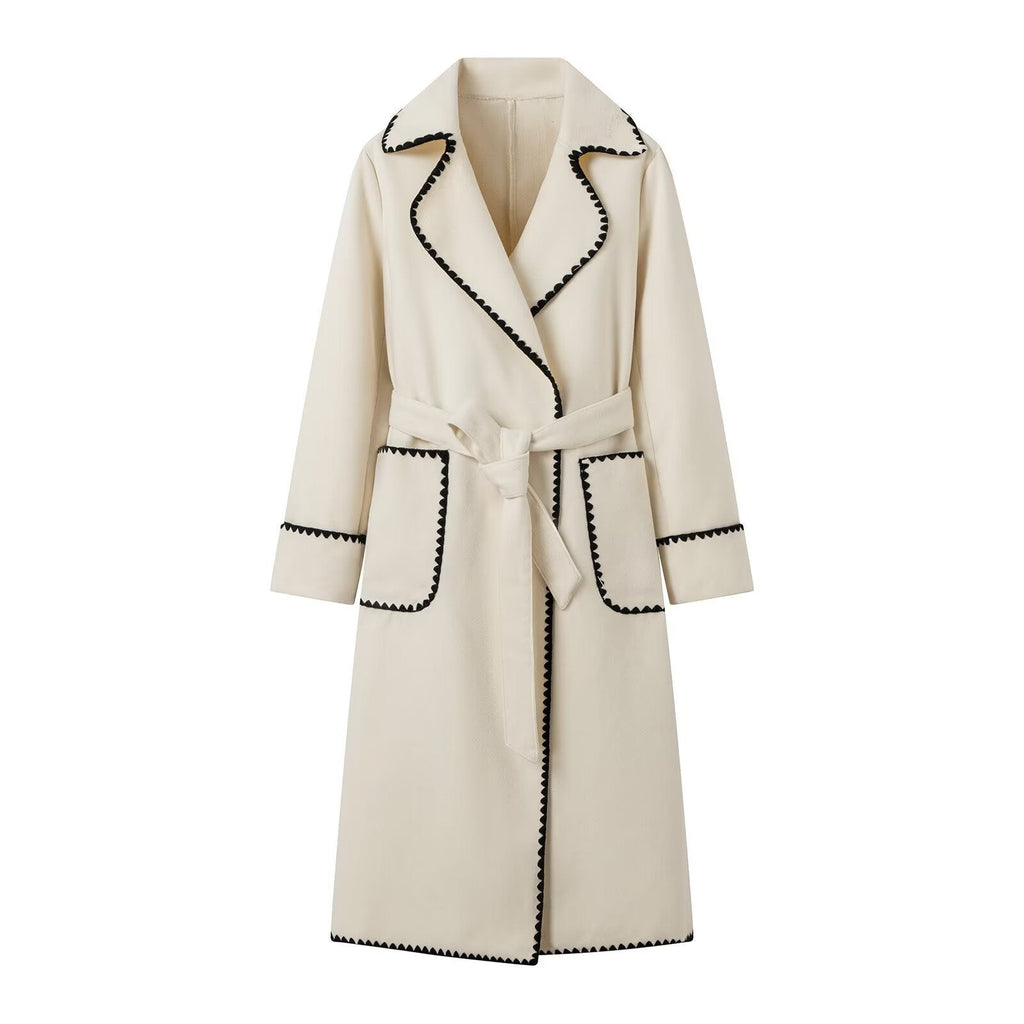 Women's Notch Collar Coat with Contrast Trim and Belt