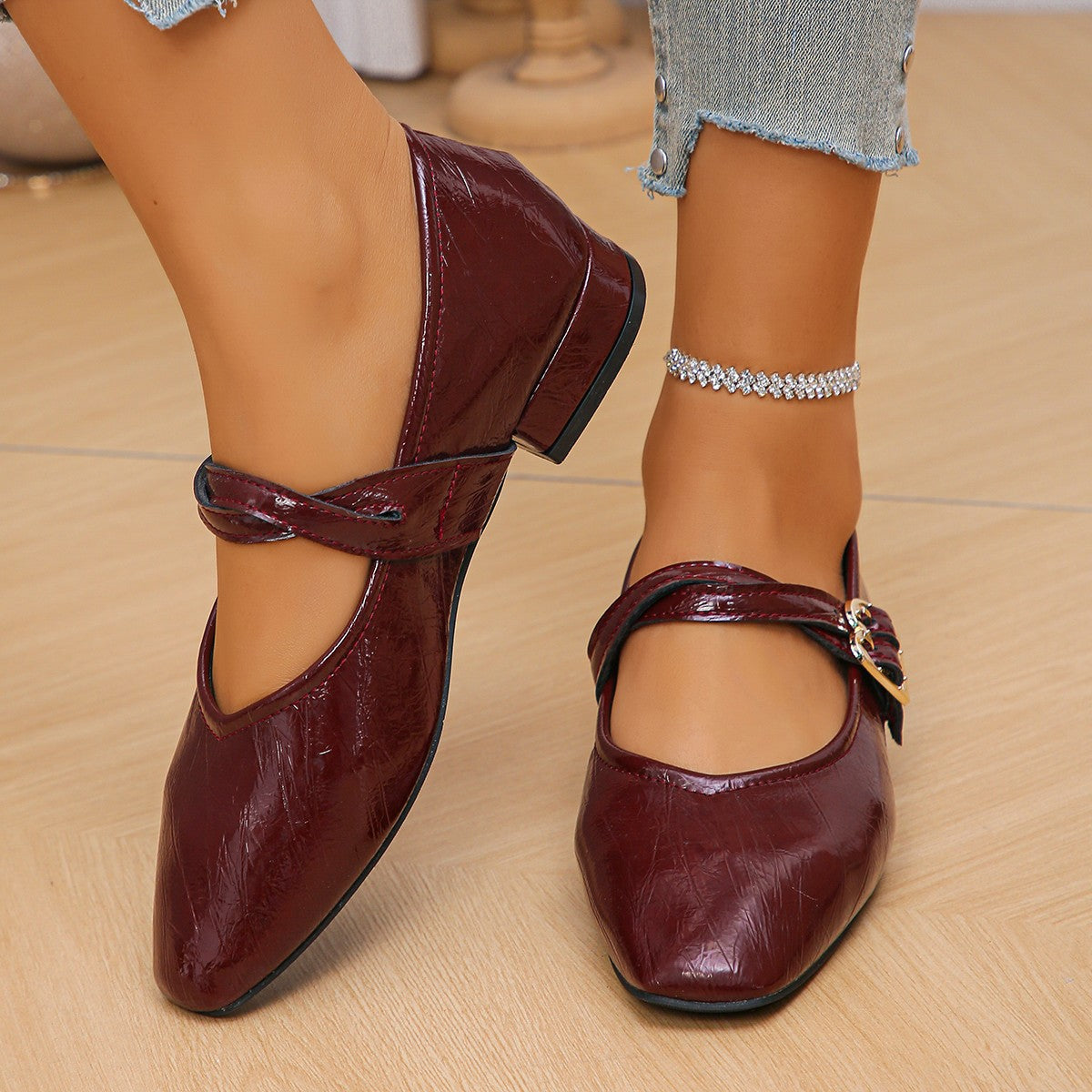 Women's Metallic Mary Jane Flats with Buckle Strap