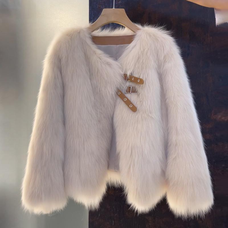 Women's Faux Fur Jacket Open Front with Buckle Detail