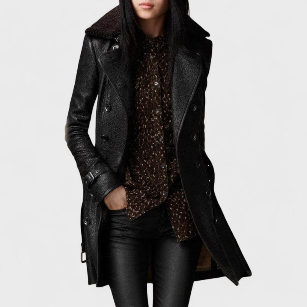 Women's Black Long Coat, Double Breasted, Wide Lapels