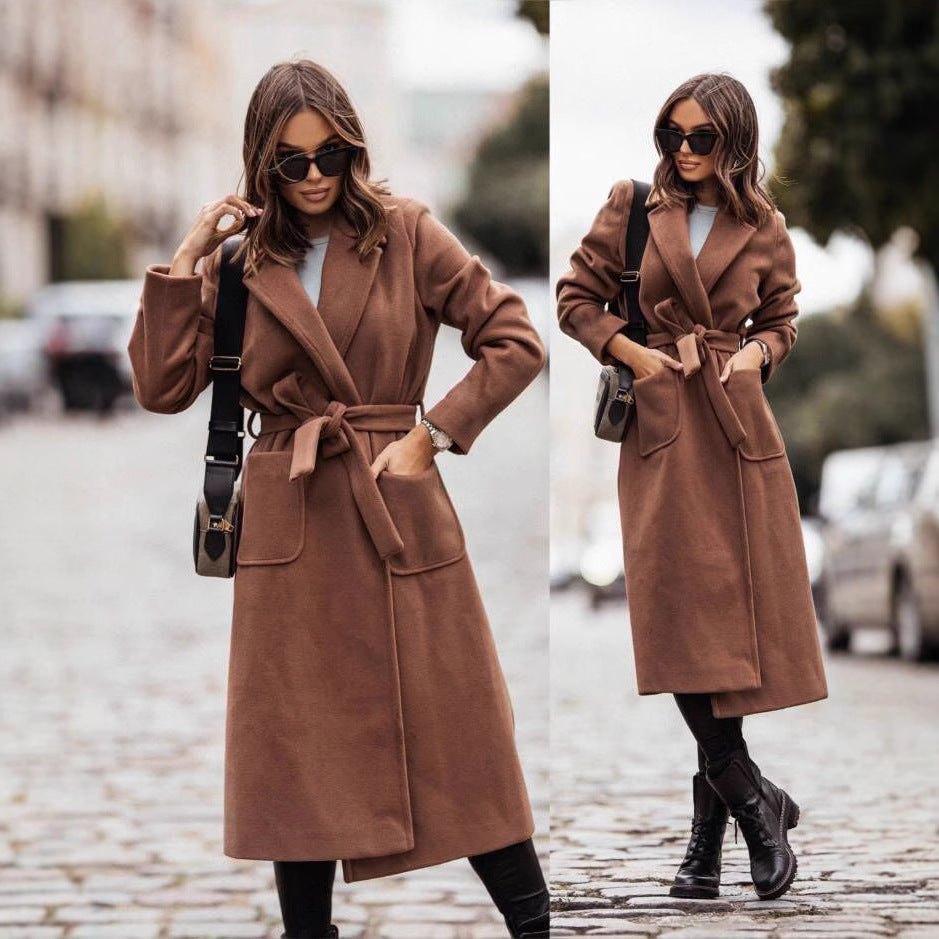 Women's Belted Wrap Coat with Notch Collar and Pockets