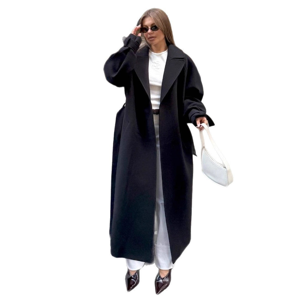 Women's Belted Wrap Coat Wide Lapel Long for Winter