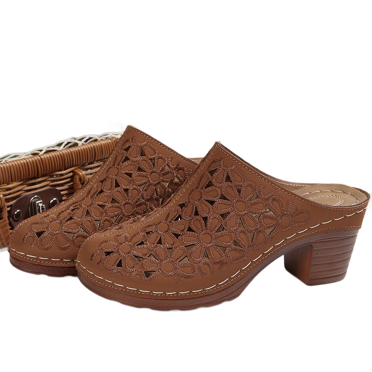 Women's Laser-Cut Clogs with Block Heel and Open Back