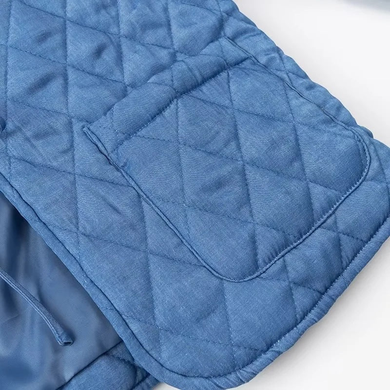 Women's Quilted Jacket with Ruffle Collar and Tie Front