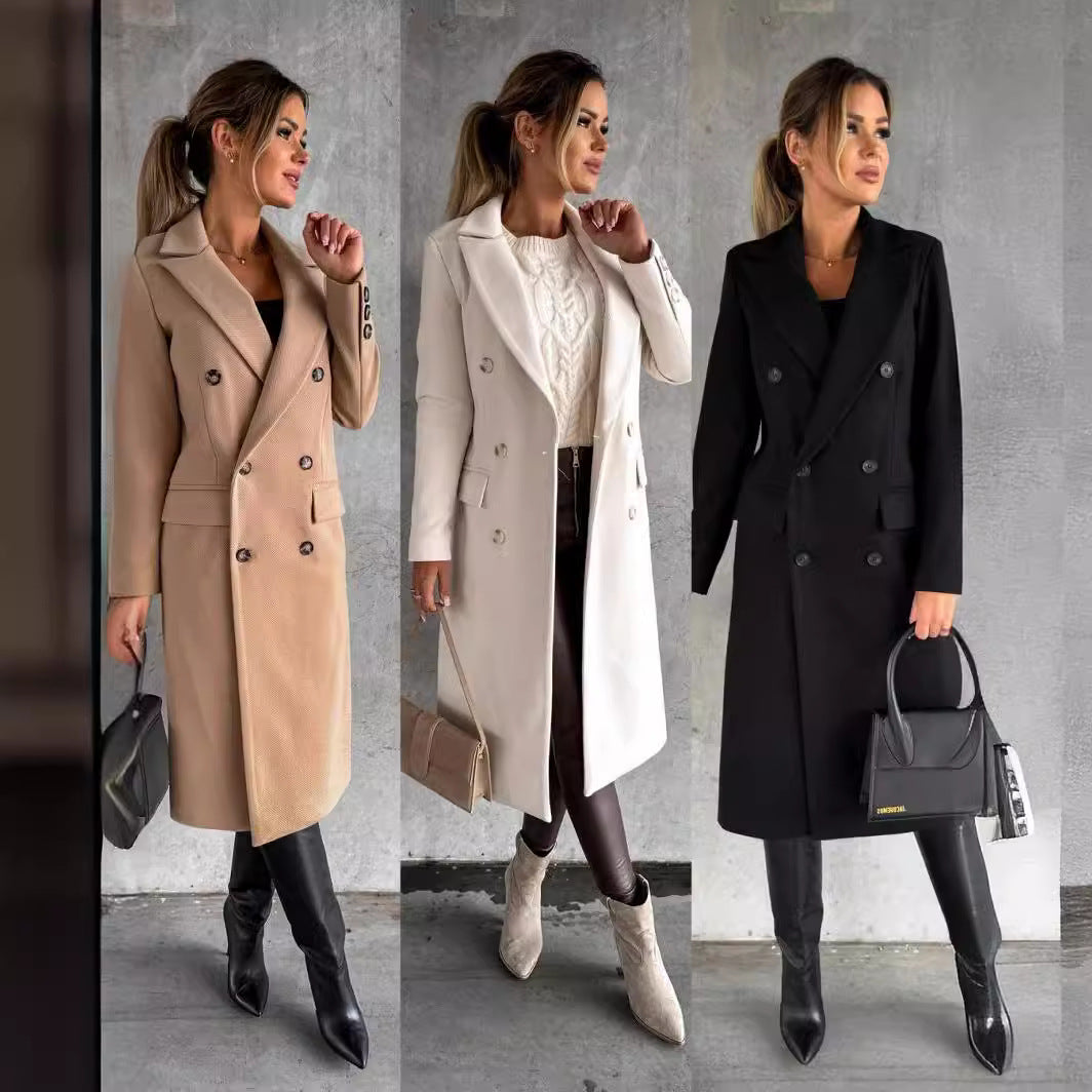 Women's Double-Breasted Long Coat with Notched Lapel