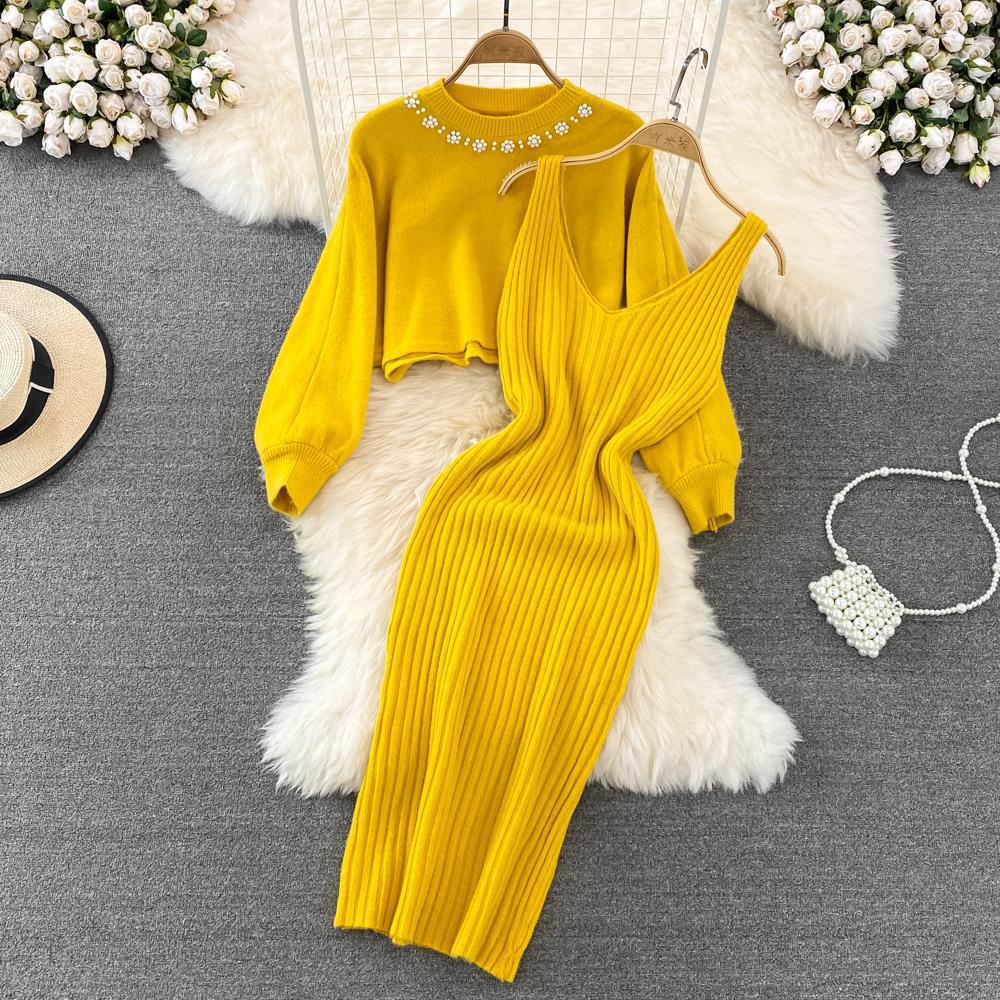 Women's Ribbed Sweater Dress Set with Pearl Collar