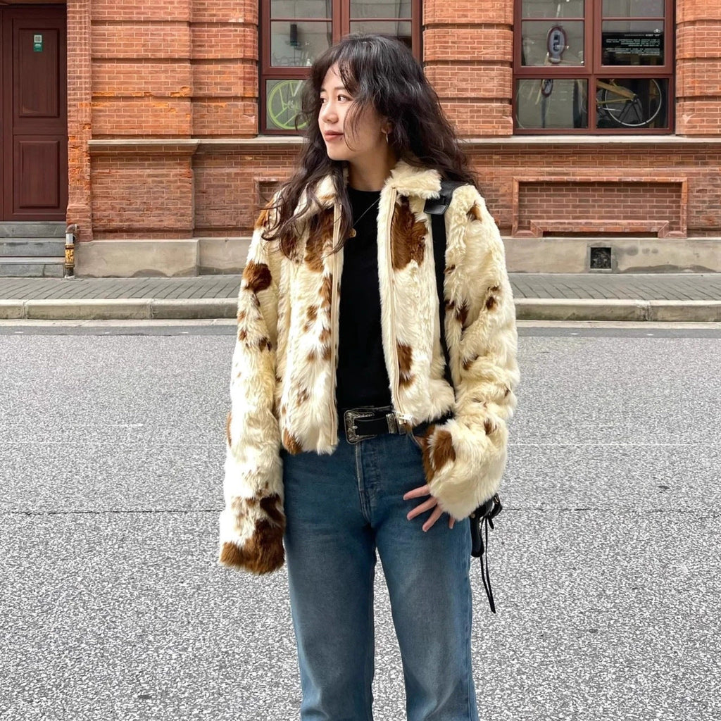 Women's Faux Fur Jacket Cropped Zip Front Animal Print
