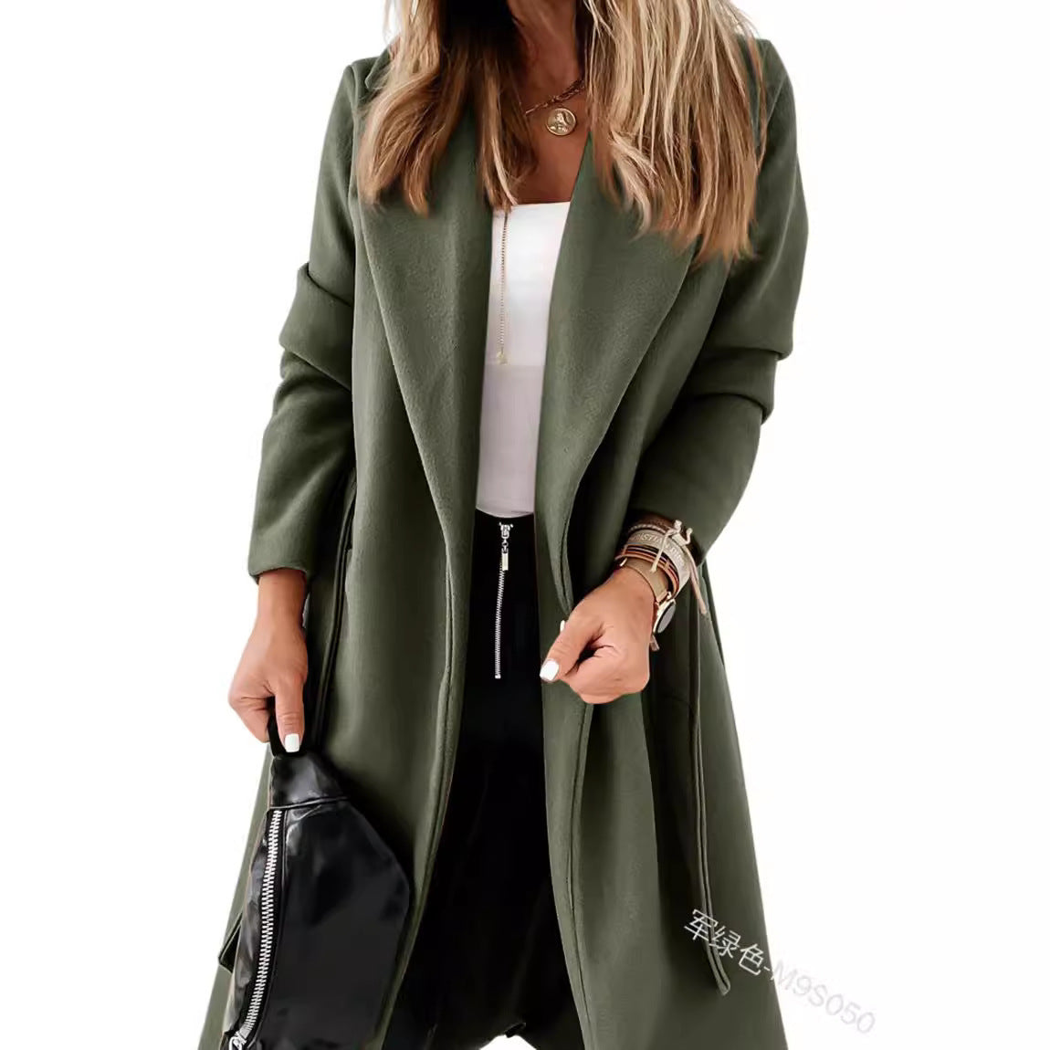 Women's Belted Open Front Midi Coat with Side Pockets