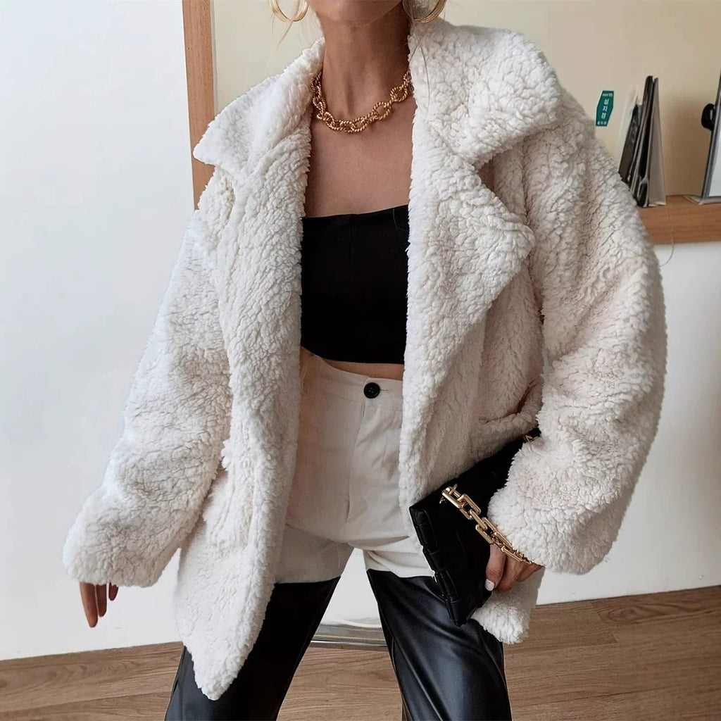 Women's Teddy Lapel Jacket Long Sleeve Button Front