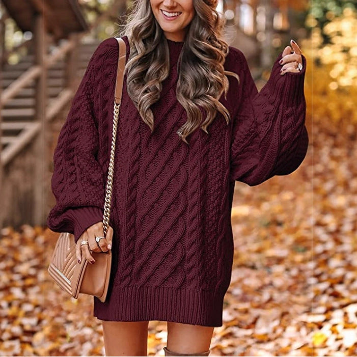 Women's Oversized Cable Knit Sweater with Crew Neck