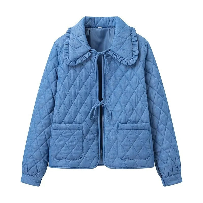 Women's Quilted Jacket with Ruffle Collar and Tie Front