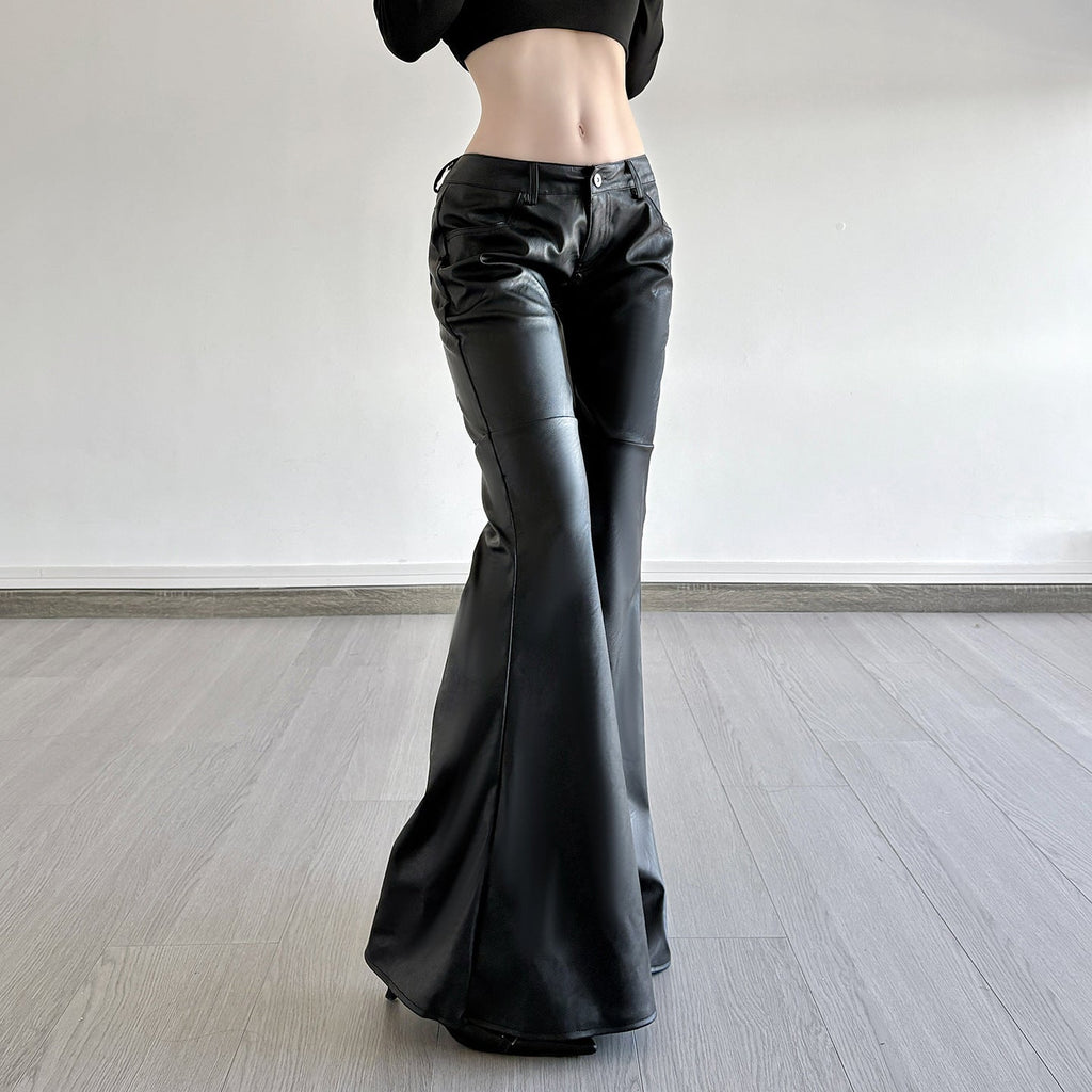 Women's Faux Leather Flare Pants Mid-Rise Button Closure