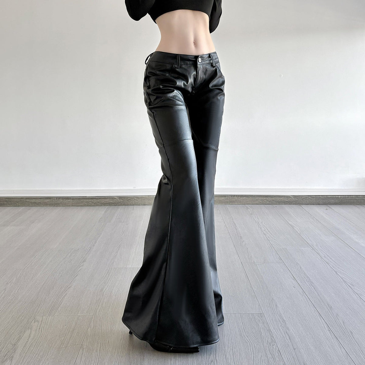 Women's Faux Leather Flare Pants Mid-Rise Button Closure