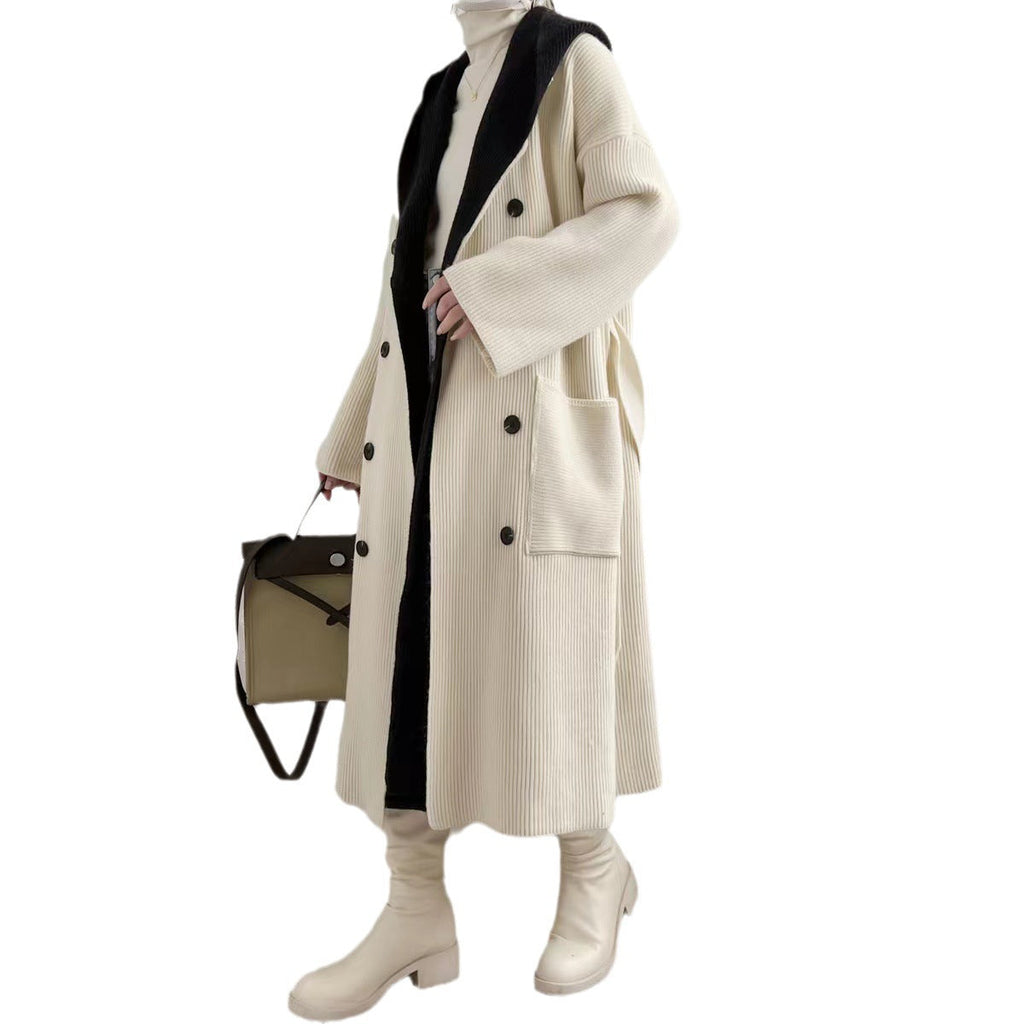 Women's Ribbed Long Coat with Button Front and Patch Pockets